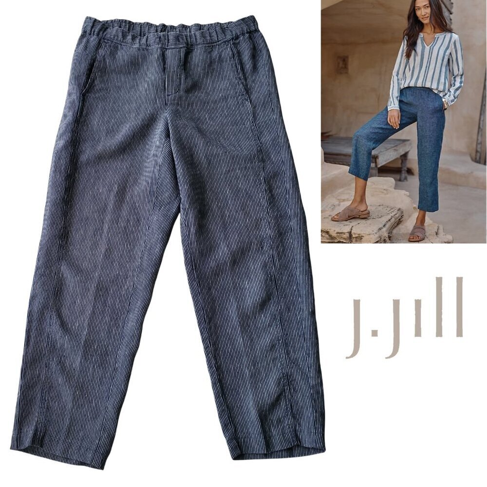 J. Jill Love Linen 100% Linen striped Blue/White cropped paint pull on Size S